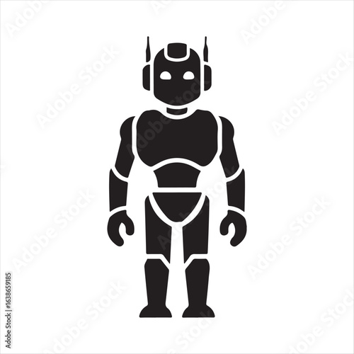 Black Silhouette of a Robot with Antennas and Glowing Eyes on White android cyborg