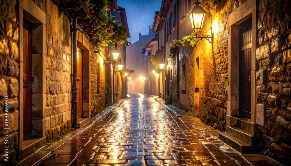 Fototapeta premium Enchanting Rainy Night on a Historic Cobblestone Street with Warm Lantern Glow and Reflective Puddles
