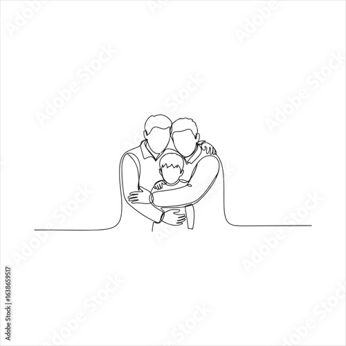 Single line drawing of two adults embracing a child from behind family parents