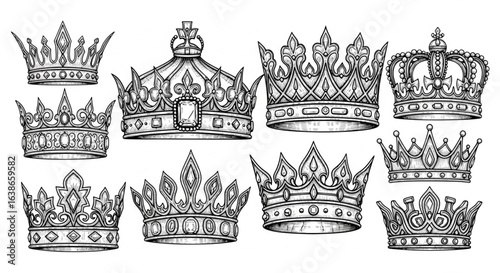 Set of sketched crowns, black silhouettes isolated on a white background.