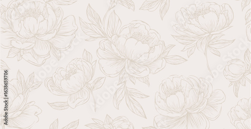 Peony  print pattern background in provance style, floral background. Pastel tones floral vintage style wallpaper in vector.