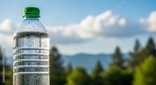 Clear bottled water with mountain background