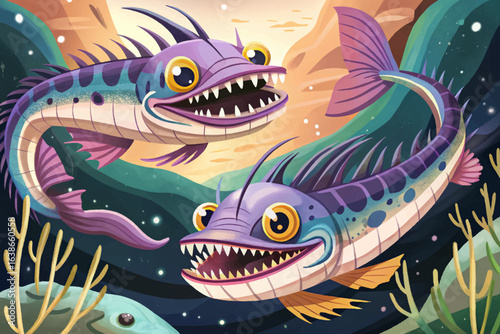 Viperfish gliding through a dark ocean trench, showcasing its razor-sharp teeth and haunting beauty, marine life illustrations, deep-sea exploration visuals, and underwater nature themes
