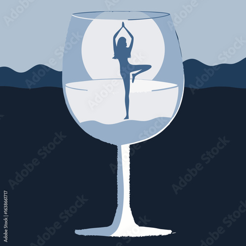 Silhouette einer Frau, die nachts Yoga in einem Glas praktiziert