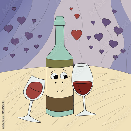 Cartoon-Weinflasche mit Gläsern und Herzen auf violettem Hintergrund