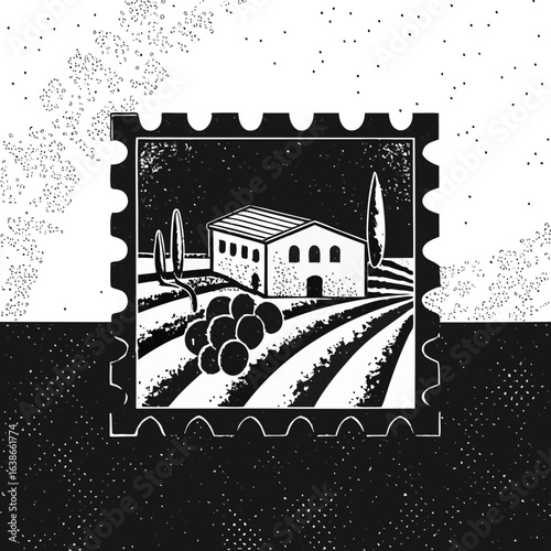 Schwarz-weiß Stempel Illustration eines Bauernhofs mit Weinbergen