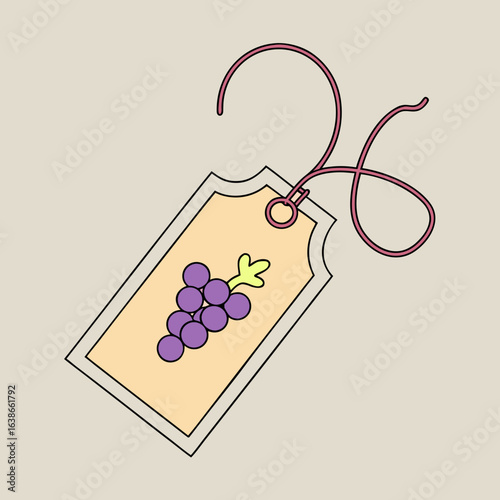Trauben-Illustration auf gelbem Etikett mit roten Fadendetails