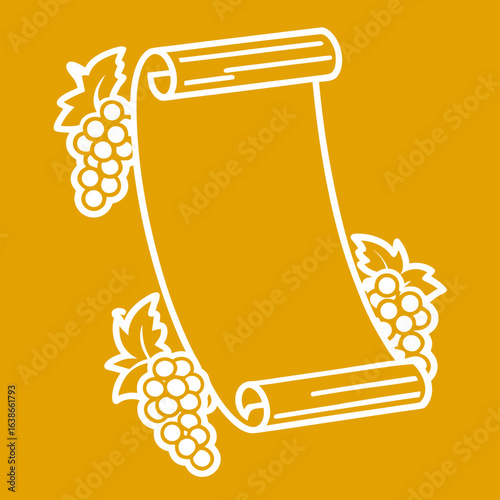 Vintage Schriftrolle mit Weinreben-Illustration auf orangem Hintergrund
