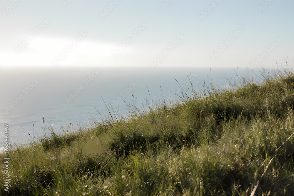 A grassy hilltop panorama overlooking a distant ocean horizon A grassy hilltop panorama overlooking a distant ocean horizon