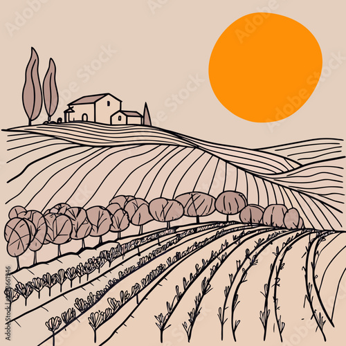 Minimalistische Darstellung einer Weinberglandschaft mit Haus und Sonnenuntergang