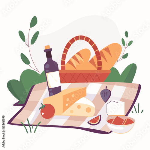 Picknickkorb mit Käse, Brot und Wein auf einer Decke im Freien.Picknickkorb mit Käse, Brot und Wein auf einer Decke im Freien