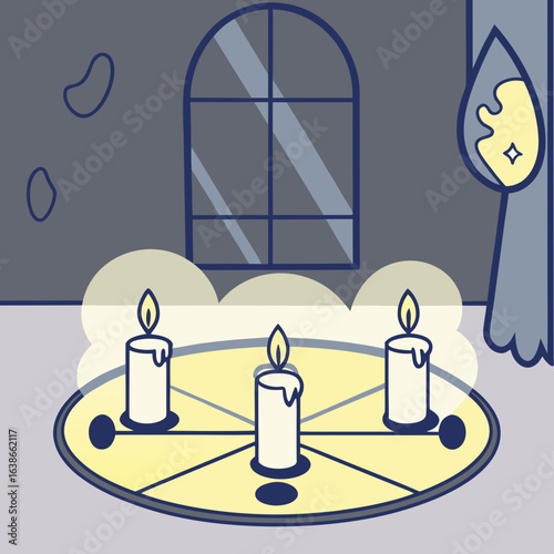 Kerzen, auf einem Tisch für rituelle Praxis arrangiert, in einem dunklen Raum