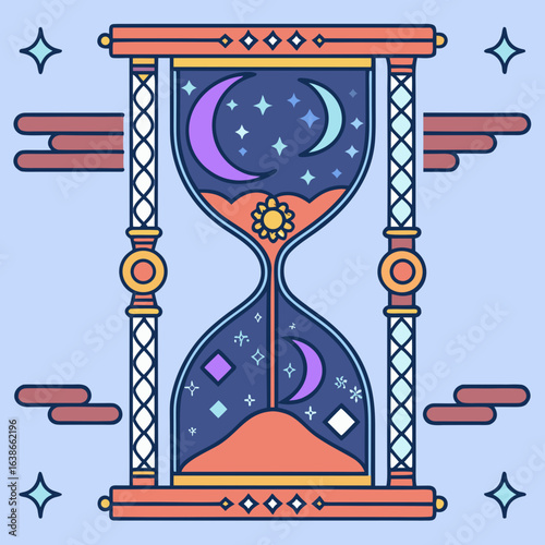 Illustration einer Sanduhr mit Nachthimmel und himmlischen Elementen in Pastellfarben