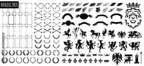 Heraldic Symbols and Design Elements: A diverse collection of heraldic symbols, intricate design elements, crests, and ornate patterns meticulously arranged, ready for various artistic applications.