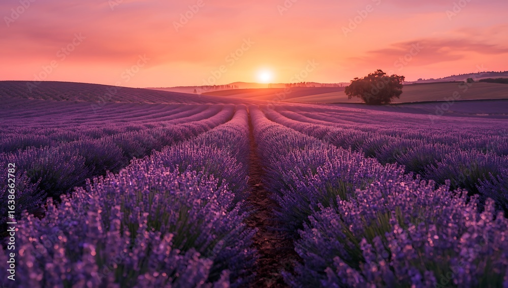 Naklejka premium Lavender field at sunset with rows of purple flowers and a tree in the distance under a colorful sky