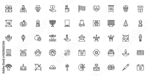 Holidays icon set. Festive vector illustration pack. Includes symbols for Christmas, Halloween, New Year, Easter, Diwali, Valentine's Day, Independence Day and more. Editable stroke design.
