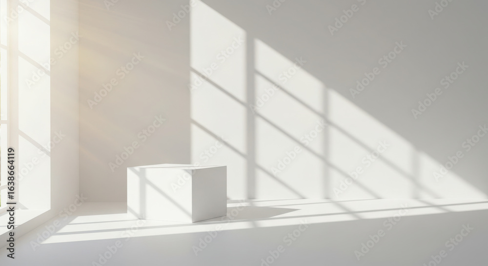 Fototapeta premium Geometric White Cube Display in Sunny Minimalist Studio