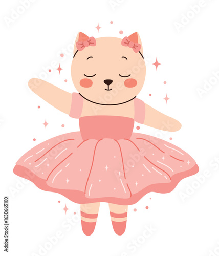 Cute cat ballerina dancing ballet. Flat vector illustration.