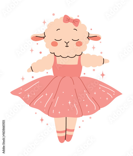 Cute sheep ballerina dancing ballet. Flat vector illustration.