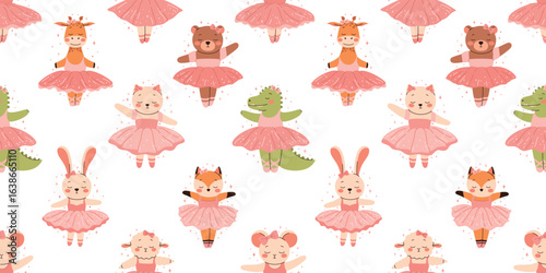 Seamless pattern with cute animal ballerinas dancing ballet. Flat vector illustration.