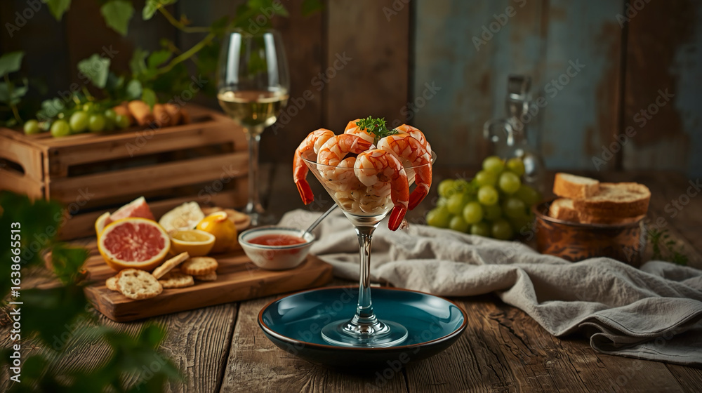 Obraz premium Elegant Still Life Shrimp Cocktail Appetizer with Wine and Citrus Fruits
