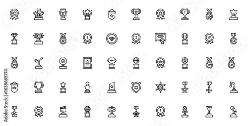 Reward and Badges icon set. Vector trophy and medal collection. Includes sports awards, police badges, certificates, banners for baseball, hockey, rugby, football and more. Editable stroke.
