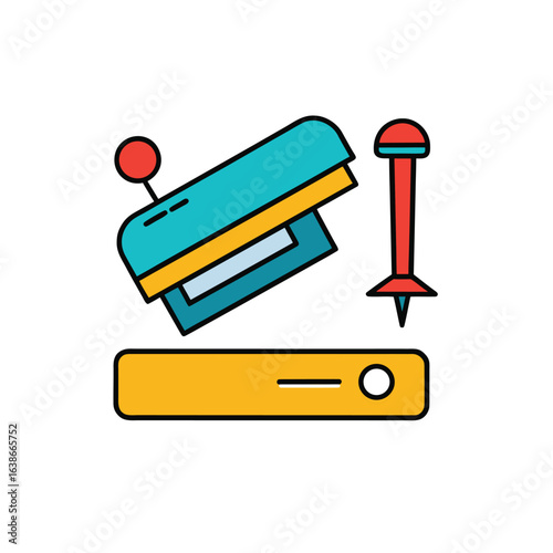 "Vector Stapler and Staple Remover Icon – Stylized Blue, Yellow, and Red Office Tools in Flat Design – Symbol for Paperwork, Organization, and Stationery – Ideal for Business Graphics, Productivity Th