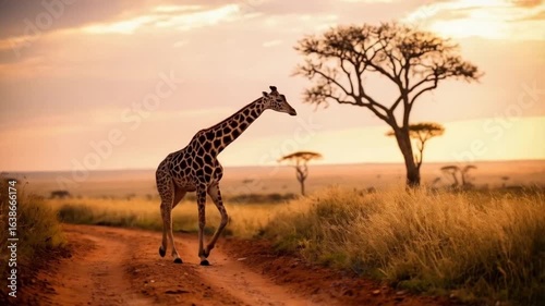 Giraffe walking on a dirt road in the african savanna with trees and a sunset in the background animal video