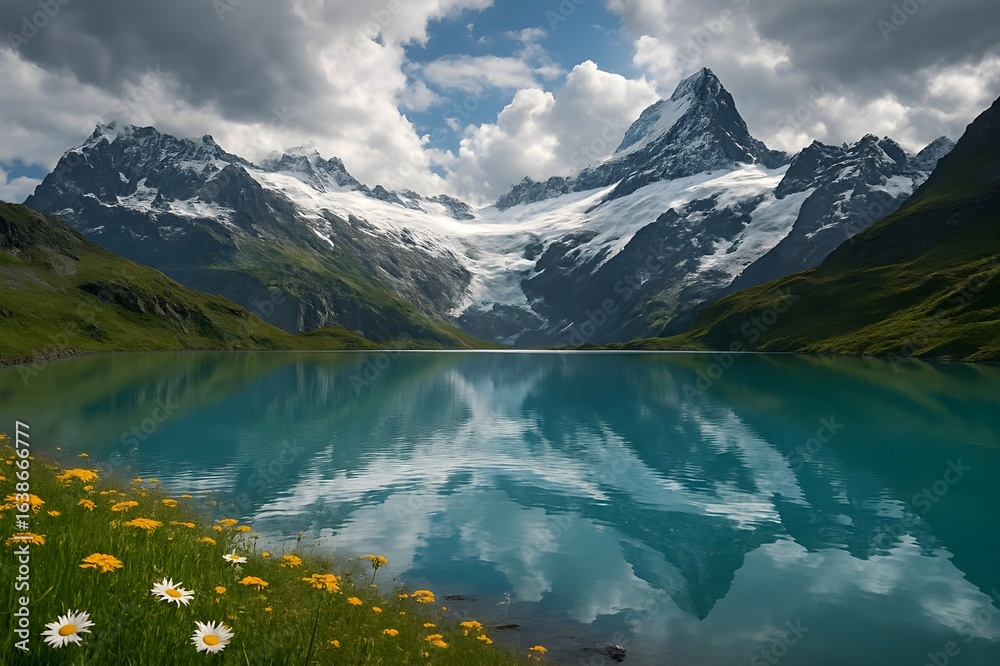 Naklejka premium Scenic Switzerland landscape with majestic Alps, perfect for travel, tourism, and nature-themed designs.