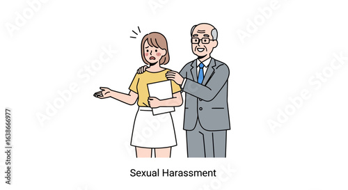 Workplace misconduct vector illustration showing a distressed female employee being harassed by a male boss. Social issue concept.