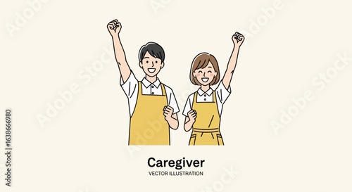 Cheerful male and female caregivers in aprons raising their fists in encouragement. Vector illustration of supportive nursing home staff.