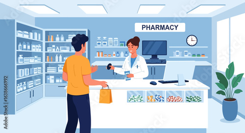 Modern pharmacy interior with a female pharmacist serving a male customer at the counter. Healthcare and medicine concept illustration.