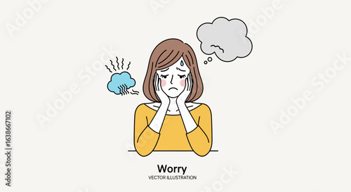 Sad woman in despair with a thought cloud, a concept illustration for mental health, anxiety, depression, and stress.