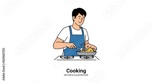 Happy young man in an apron cooking scrambled eggs in a pan on a stove. Home cooking lifestyle vector art illustration.