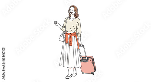 Illustration of a stylish woman with a suitcase preparing for a trip. Hand-drawn full-body vector art of a female traveler on a white background.