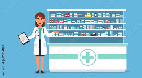 Professional pharmacist woman at the pharmacy counter with a clipboard. Vector illustration of a medical professional in a drugstore.