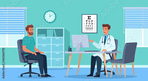 Vector illustration of a medical consultation between a doctor and a male patient in a modern clinic office. Man visiting a physician for a health checkup.