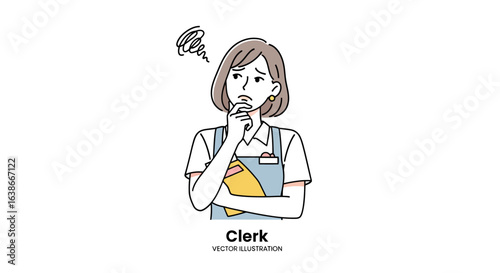 Vector illustration of a worried female clerk in an apron, looking thoughtful and confused with a swirl icon.