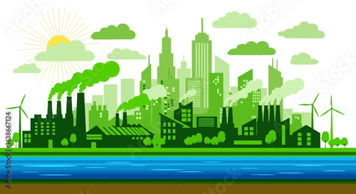 Green city concept with sustainable industry and renewable energy sources. Eco-friendly urban landscape illustration with factories and wind turbines.