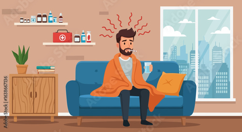 Sick man with fever and thermometer sitting on sofa under a blanket. Illustration of illness, cold, and flu symptoms at home.