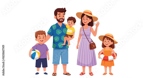 Cheerful family portrait illustration for a summer vacation. Parents with three children dressed for a beach holiday trip.