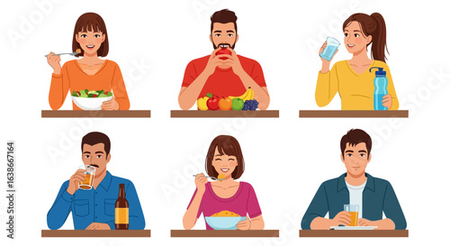Healthy and unhealthy lifestyle eating habits concept. Vector illustration set of people with different foods like salad, fruit, and drinks.