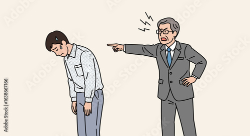 Angry elderly manager in a suit yelling and pointing at a bowing younger male employee. Vector concept of workplace conflict and power harassment.