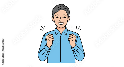 An energetic and motivated man smiling and making a fist pump gesture. Illustration showing success and determination.
