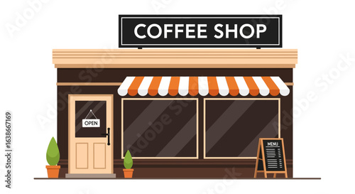 Coffee shop storefront vector illustration. Small business cafe building facade with awning, isolated on white background.