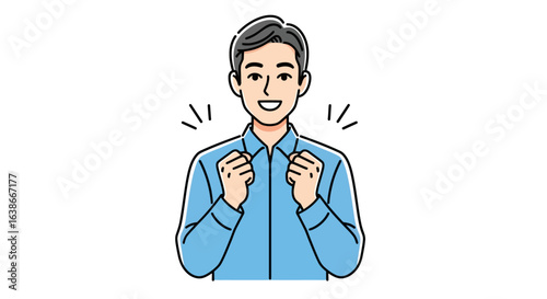 Illustration of a motivated middle-aged man clenching his fists with a determined and happy expression. Vector art showing success and encouragement.