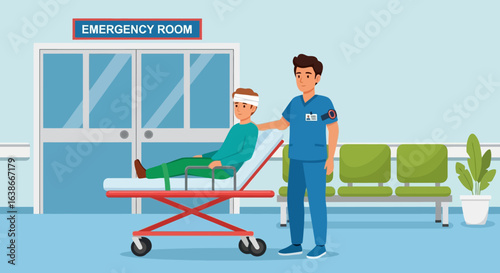Vector illustration of a nurse transporting an injured patient on a stretcher in a hospital emergency room corridor.