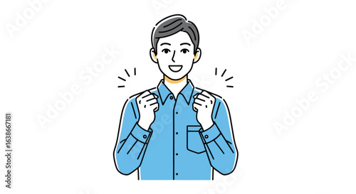 An energetic young man clenching his fists in a guts pose, expressing motivation and joy. Vector character illustration.