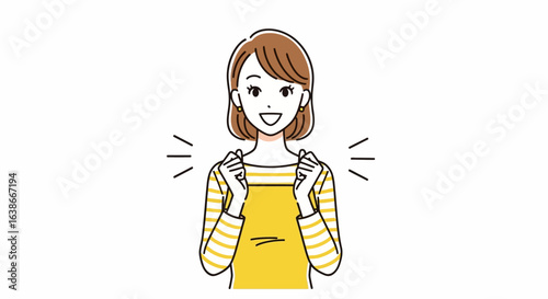 Illustration of a cheerful young woman in an apron clenching her fists, expressing motivation and excitement. Vector character.