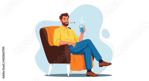 A man with a fever and a thermometer in his mouth, sitting in a chair. Concept of illness, cold, flu, and sickness at home.